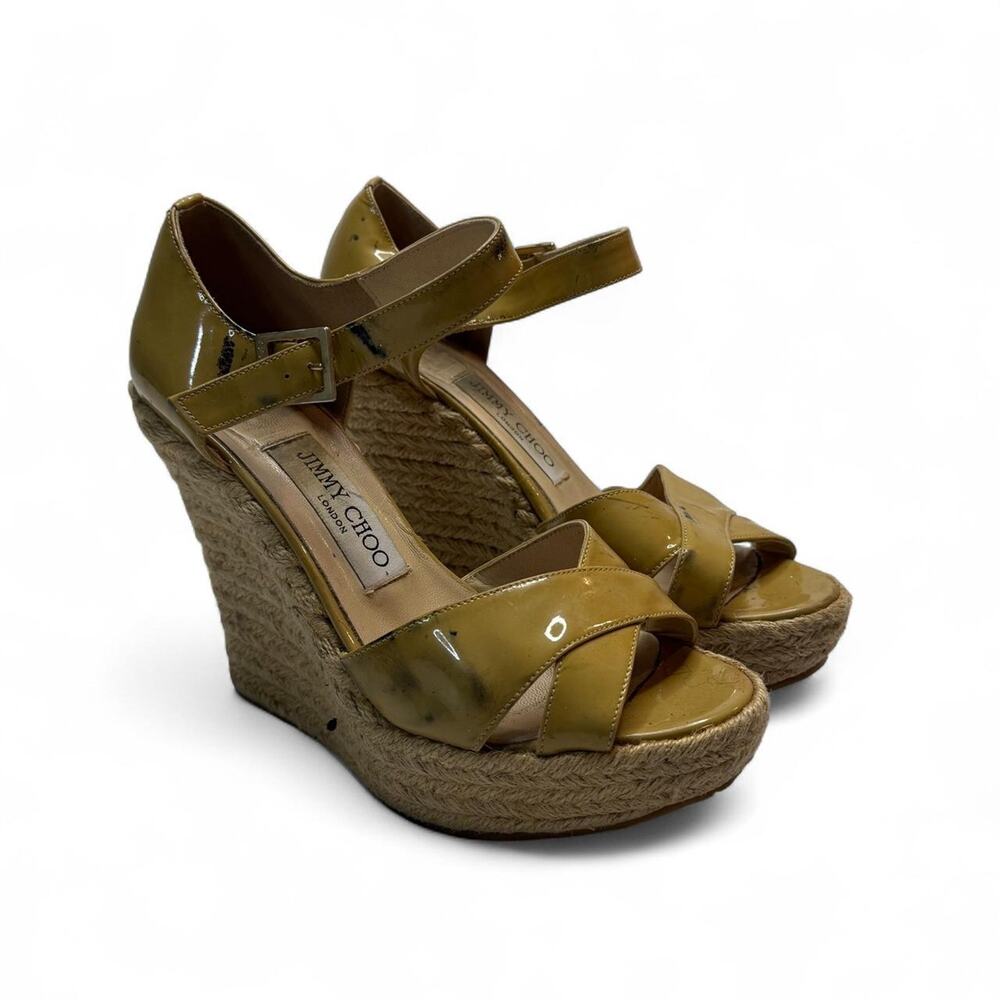 Jimmy Choo patent leather espadrille wedge sandals glossy mustard Size 36 1/2